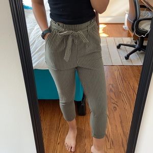 Olive Green Striped Paperbag Waist Pants